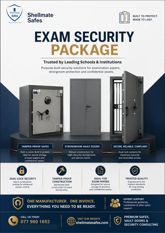 Shellmate Exam Security Package poster: tamper-proof dual-lock safe, steel cabinet and strongroom vault door with inner grille gate for examination centres